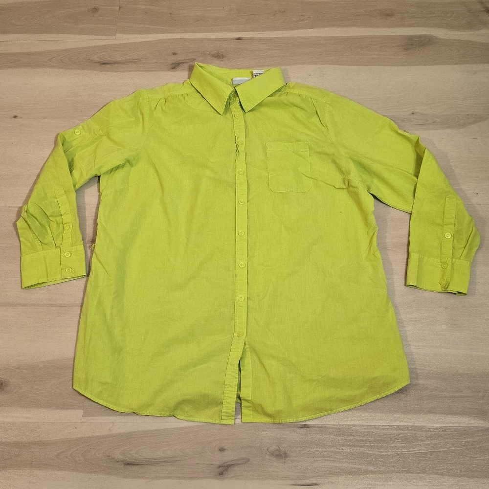 Apparenza Yellow Green Button Up Long Sleeve Shirt 100% Cotton Collar Women 2X